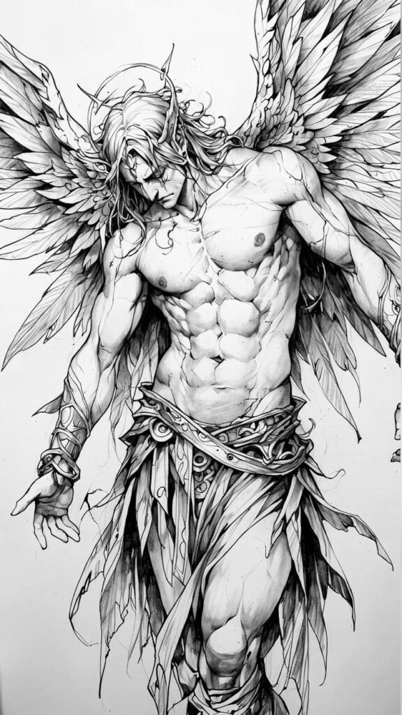 Fantasy angel warrior with wings and flowing hair, detailed black and white sketch.