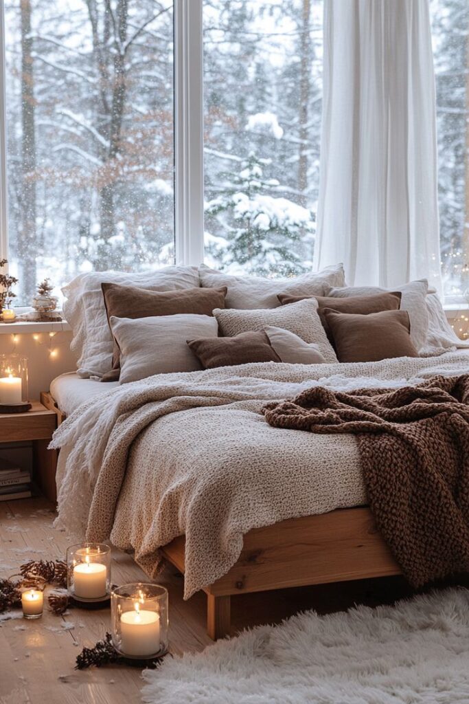 Essential Elements for Winter Hygge Bedroom Decor Cozy winter bedroom with candles, plush bedding, and snowy window view. Serene and inviting atmosphere. | Sky Rye Design Cozy winter bedroom with candles, plush bedding, and snowy window view. Serene and inviting atmosphere.