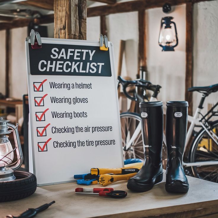 Essential Safety Checklists for Your Workplace 🛠️ Safety checklist for cycling: helmet, gloves, boots, air pressure, tire pressure. Workshop scene with tools and boots. | Sky Rye Design Safety checklist for cycling: helmet, gloves, boots, air pressure, tire pressure. Workshop scene with tools and boots.