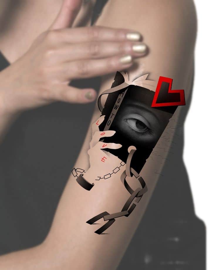 Even though I read many books about love I still dont know what real love is__Available_Melbourne🇦🇺 Oct Email or DM Tattoo art on arm featuring a book, eye, hand, red heart, and chain design with love text. Creative, modern tattoo concept. | Sky Rye Design Tattoo art on arm featuring a book, eye, hand, red heart, and chain design with love text. Creative, modern tattoo concept.