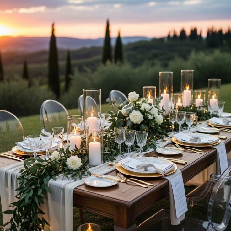 Elegant outdoor wedding table setting at sunset with candles, flowers, and greenery overlooking a scenic landscape.