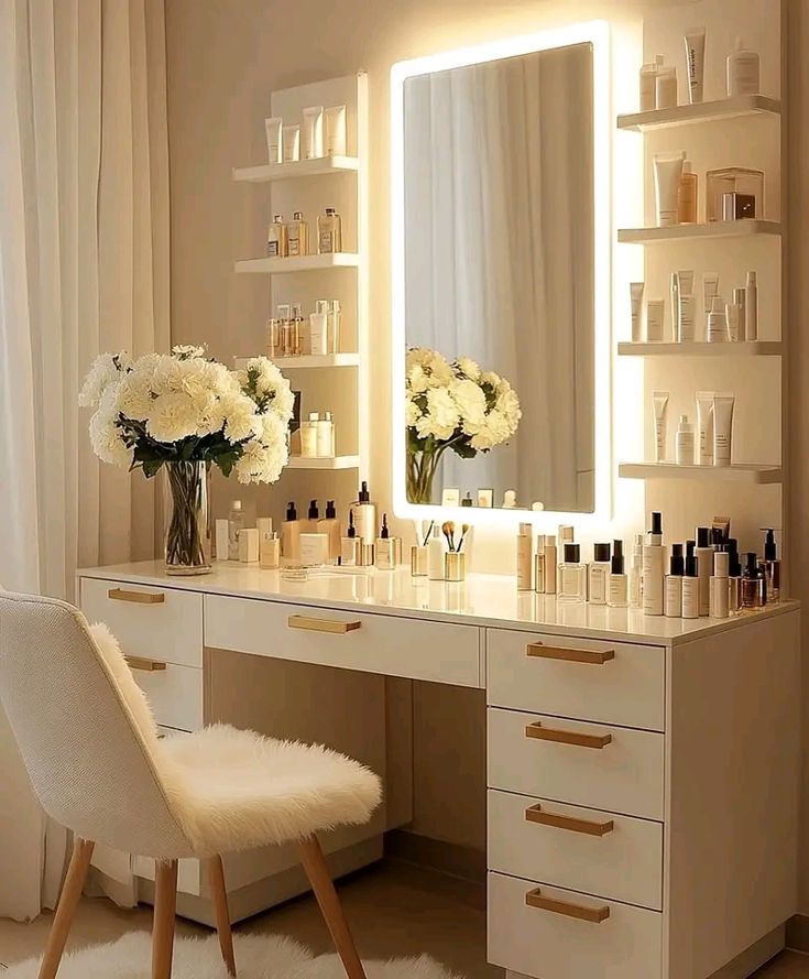 Modern white makeup vanity with lit mirror, cosmetics, and floral decor creates a luxurious beauty station ambiance.