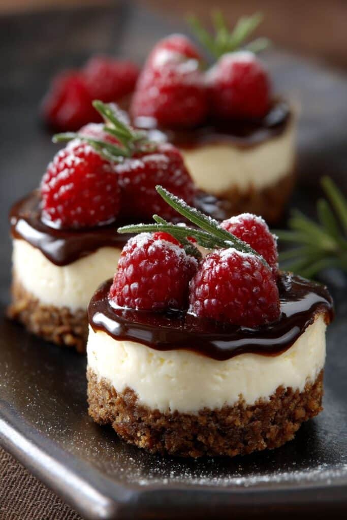 Mini cheesecakes with chocolate glaze, fresh raspberries, and rosemary garnish on a rustic dark plate.