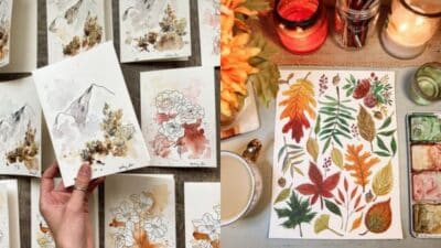 Watercolor artwork of mountains and autumn leaves, featuring vibrant colors and intricate designs.