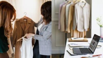 Women selecting clothes next to a rack, with a laptop and documents on a desk nearby. Fashion and styling concept.