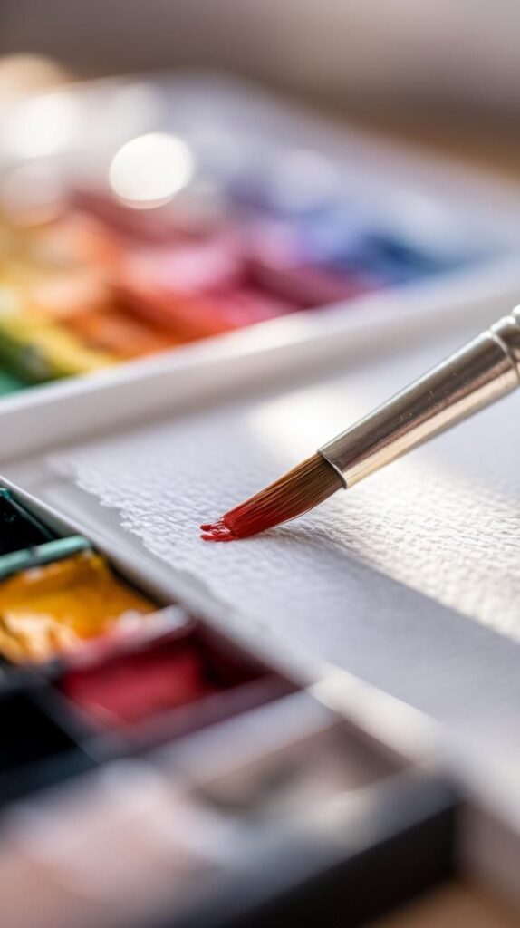 Explore Fresh Watercolour Painting_ Tips Techniques Paintbrush with red watercolor on paper, surrounded by a vibrant palette of colors, close-up. | Sky Rye Design Paintbrush with red watercolor on paper, surrounded by a vibrant palette of colors, close-up.
