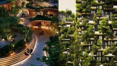 Modern urban design featuring illuminated, circular walkways and a vertical garden building covered in lush greenery.
