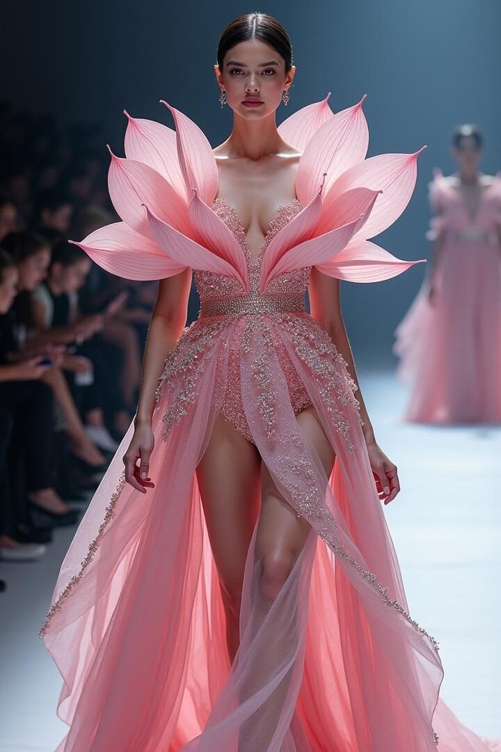 Model in a pink floral-inspired gown walks runway, elegant fashion design show.