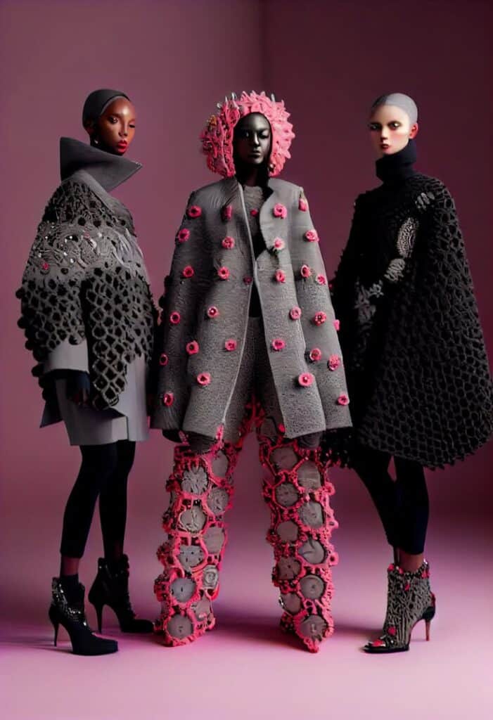 Avant-garde fashion models in textured outfits on a pink backdrop, showcasing unique and artistic designs.