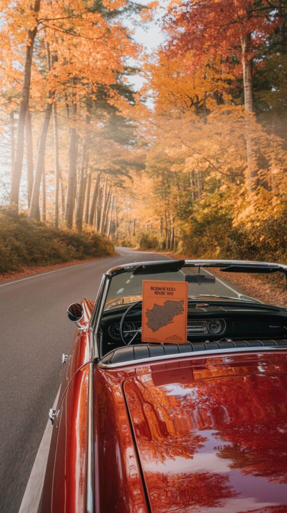 Fall Drives_ Vermonts Most Charming Small Towns Classic red convertible driving through scenic autumn forest on Route 100, map displayed on the dashboard. | Sky Rye Design Classic red convertible driving through scenic autumn forest on Route 100, map displayed on the dashboard.