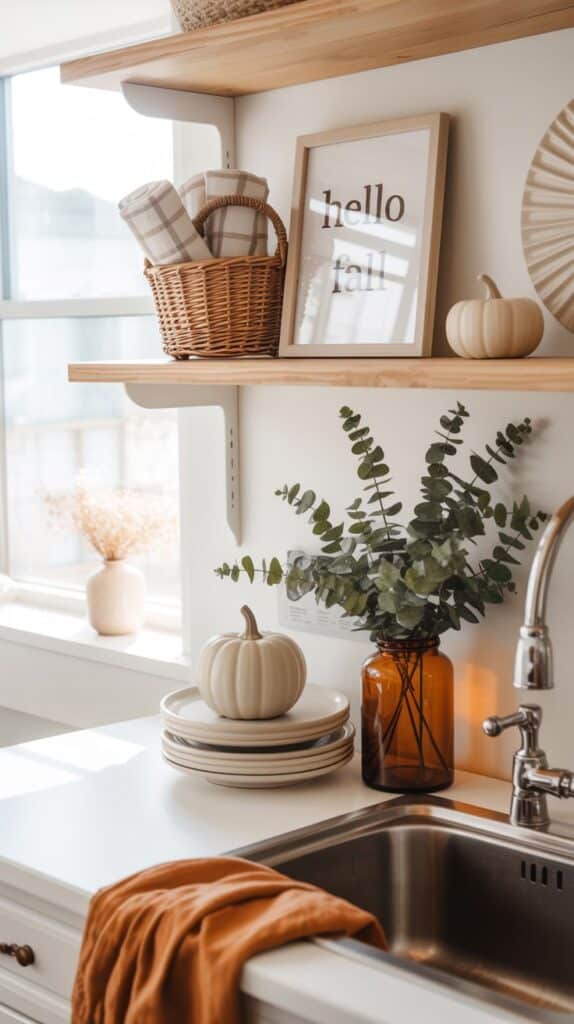 Fall Kitchen Decor Ideas_ 20+ Cozy Autumn Decor Ideas for Your Kitchen Cozy kitchen decor with fall accents: pumpkin, eucalyptus, orange cloth, and hello fall sign in bright light. | Sky Rye Design Cozy kitchen decor with fall accents: pumpkin, eucalyptus, orange cloth, and hello fall sign in bright light.