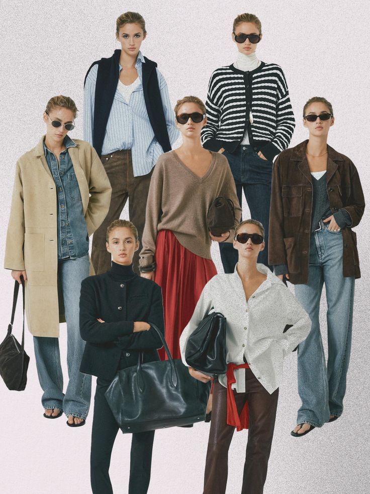 Fall fashion Fashionable women in diverse outfits and sunglasses, showcasing fall style trends on a white background. | Sky Rye Design Fashionable women in diverse outfits and sunglasses, showcasing fall style trends on a white background.