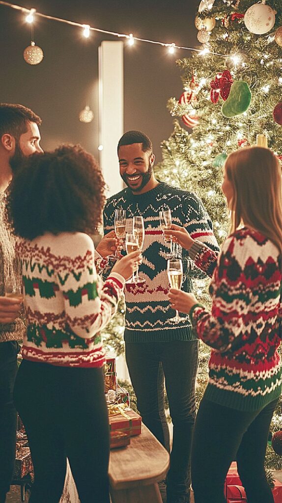 Group of friends in festive sweaters toasting with champagne near a Christmas tree.