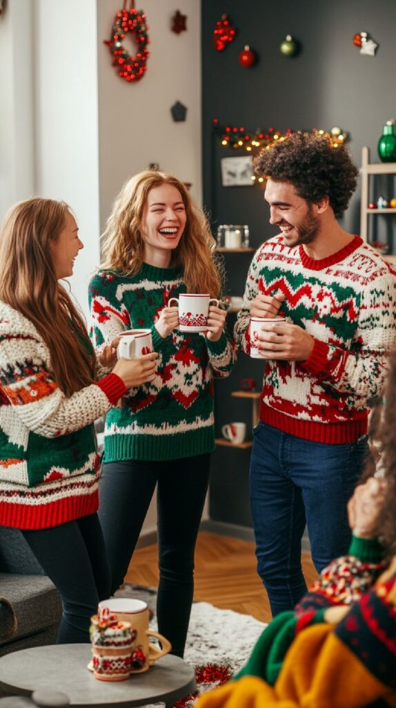 Friends laughing in festive sweaters, holding mugs at a Christmas party with decorations in the background.