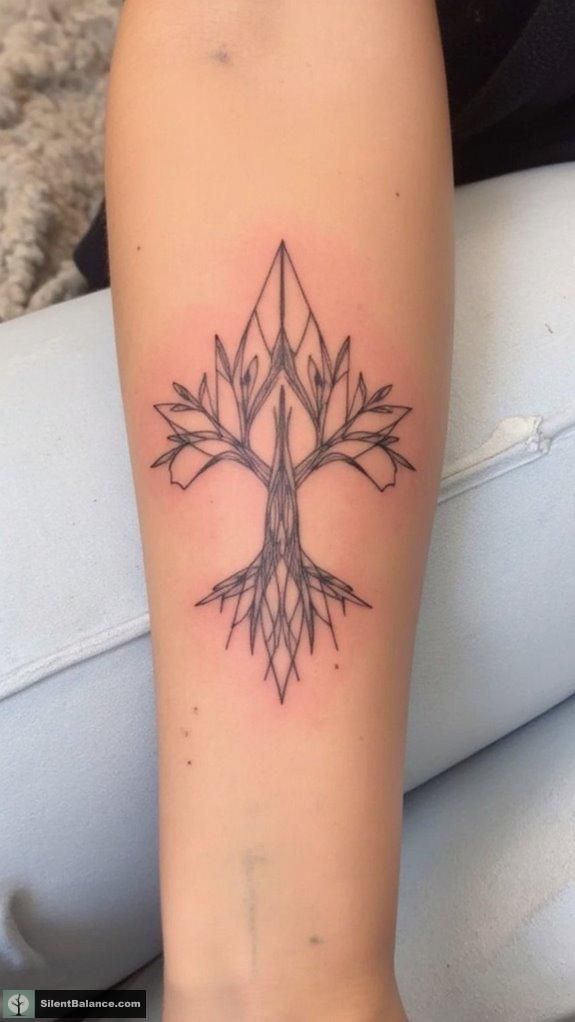 Geometric tree tattoo on forearm with stylized symmetrical lines and shapes, showcasing unique body art.