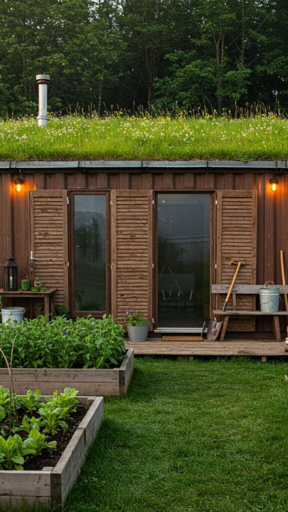 Farmhouse-Style Container Home with a Green Roof Eco-friendly tiny house with green roof and vegetable garden surrounded by lush trees. | Sky Rye Design Eco-friendly tiny house with green roof and vegetable garden surrounded by lush trees.