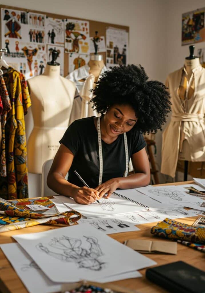 Fashion Designer Fashion designer sketching new clothing designs in a creative studio workspace. | Sky Rye Design Fashion designer sketching new clothing designs in a creative studio workspace.