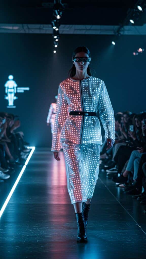 Model walking runway in futuristic LED outfit, blue-red lights, at a tech-themed fashion show.