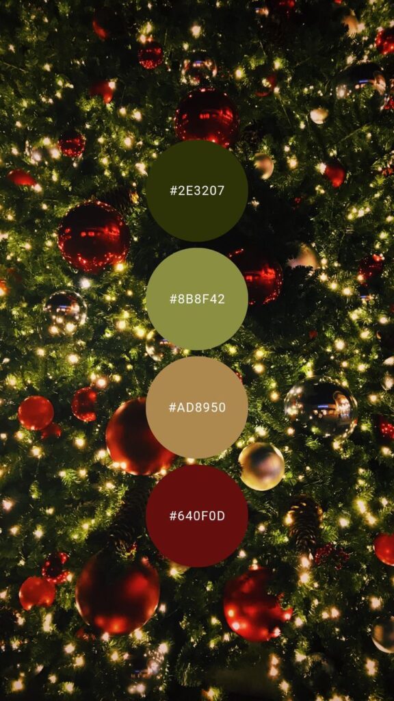 Feliz Navidad _ Christmas color palette Christmas palette Color schemes Festive Christmas tree decorated with red and gold ornaments, lights, and color palette swatches. | Sky Rye Design Festive Christmas tree decorated with red and gold ornaments, lights, and color palette swatches.