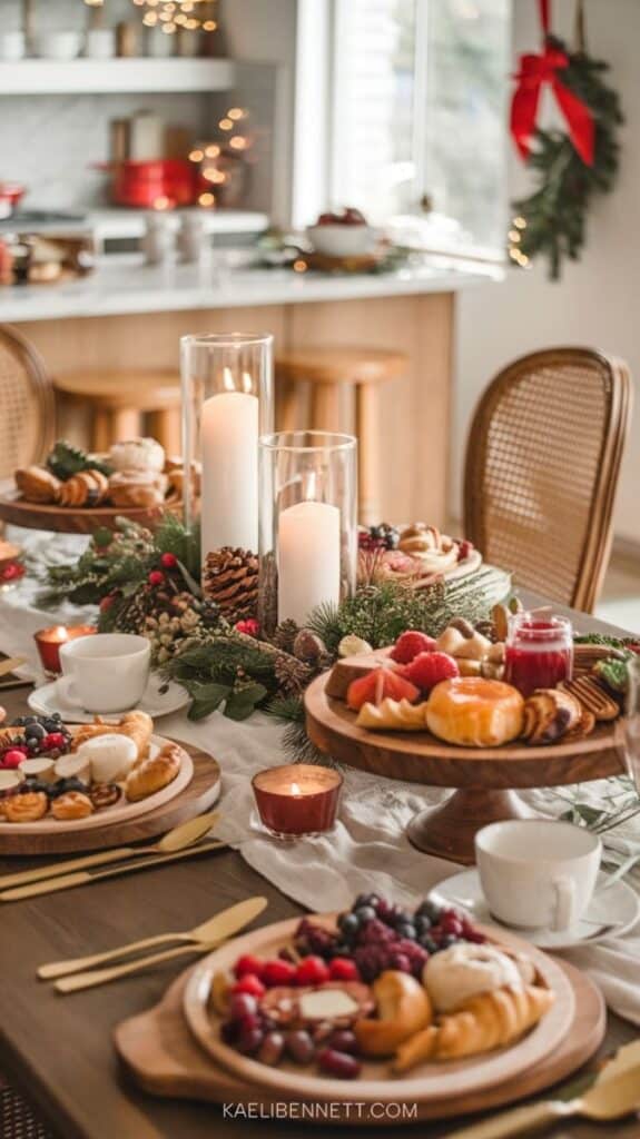 Festive holiday brunch table with pastries, fruits, candles, and evergreen decorations in a cozy dining setting.