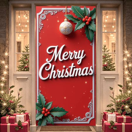 Red Christmas door decoration with holly, ornaments, and gift boxes, featuring the text Merry Christmas in elegant script.