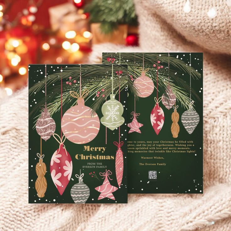 Merry Christmas card with hanging ornaments and festive holiday greeting in cozy background setting.