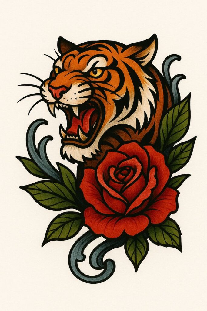 Tiger head with a red rose tattoo design, featuring bold colors and intricate details. Perfect for tattoo inspiration.