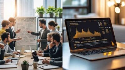 Business team planning with charts and diagrams, alongside a laptop displaying analytical data and graphs.