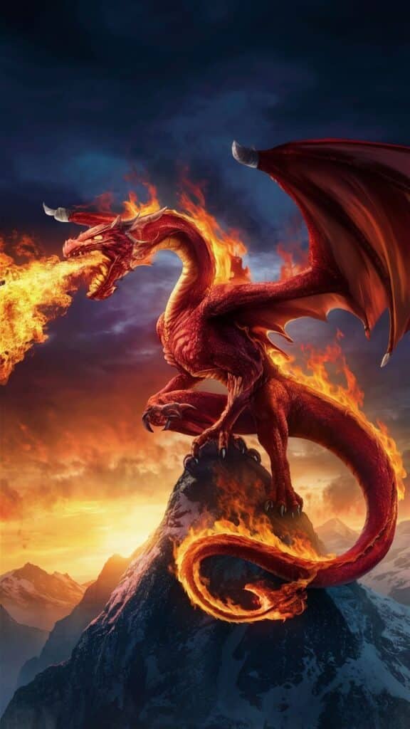 Ferocious red dragon breathes fire atop a fiery mountain at sunset, surrounded by dramatic skies.