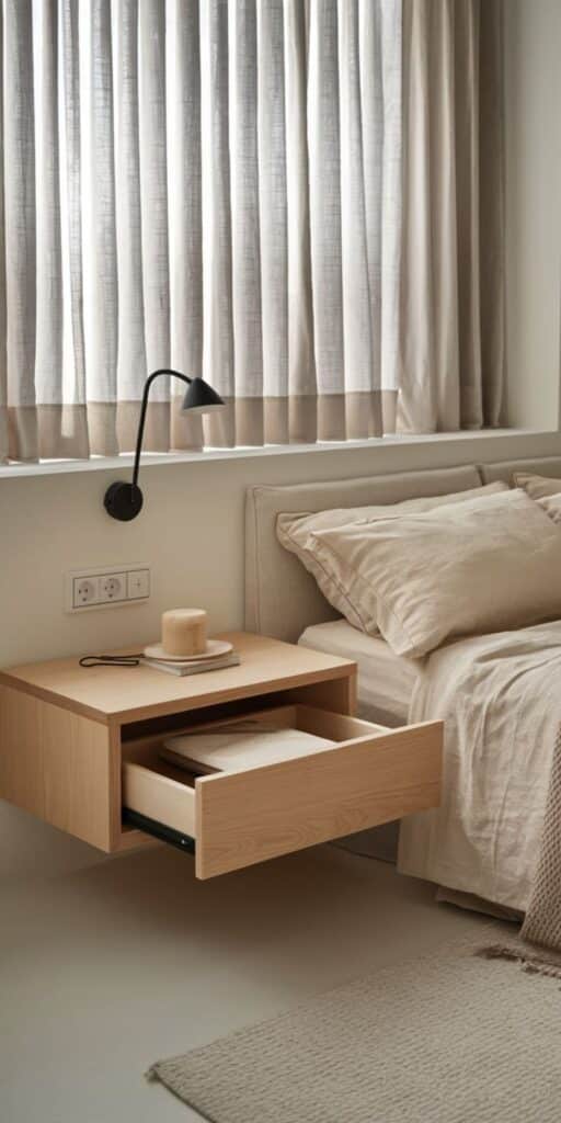 Floating Nightstands with Hidden Storage Minimalist bedroom with beige bedding, floating nightstand, and soft lighting from a wall lamp. | Sky Rye Design Minimalist bedroom with beige bedding, floating nightstand, and soft lighting from a wall lamp.