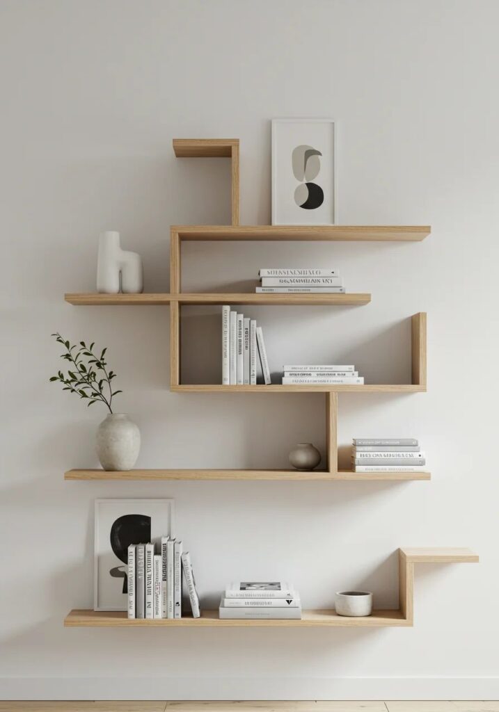 Minimalist wooden wall shelves with books, art, and vases, enhancing modern home decor style.