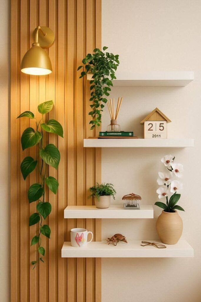 Modern wall decor with potted plants, wooden accents, and floating shelves under golden lamp lighting.