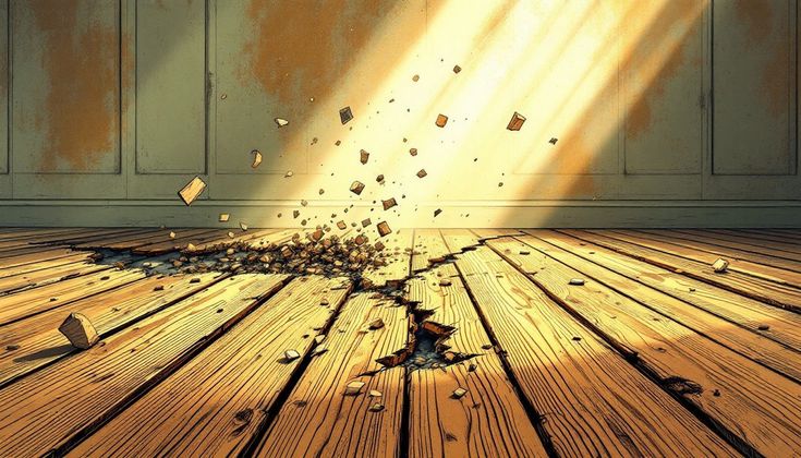 Floorboards Reveal History Sunlight illuminates cracked wooden floor with debris floating, creating a dramatic and mysterious atmosphere. | Sky Rye Design Sunlight illuminates cracked wooden floor with debris floating, creating a dramatic and mysterious atmosphere.