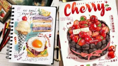 Artistic food illustration with desserts, ice cream, egg sandwich, and a cherry basket. Vibrant and colorful display.