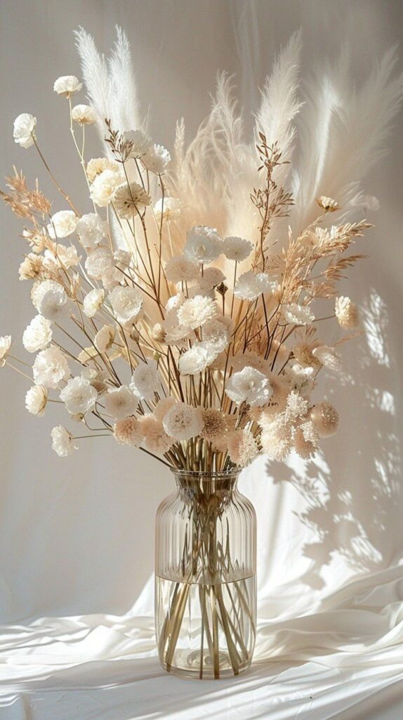 Free Elegant Floral Arrangement Image _ Download at StockCake Elegant dried flower arrangement in a glass vase with soft lighting, featuring pampas grass and white blossoms. | Sky Rye Design Elegant dried flower arrangement in a glass vase with soft lighting, featuring pampas grass and white blossoms.