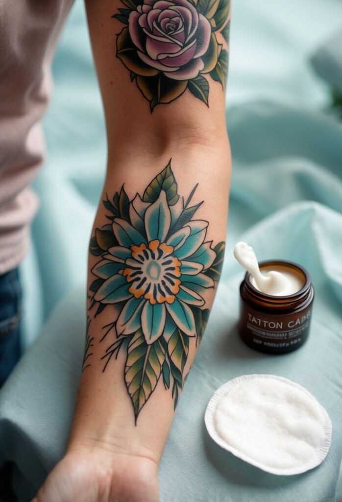 Arm with colorful floral tattoos beside a jar of lotion and a cotton pad on a blue background.