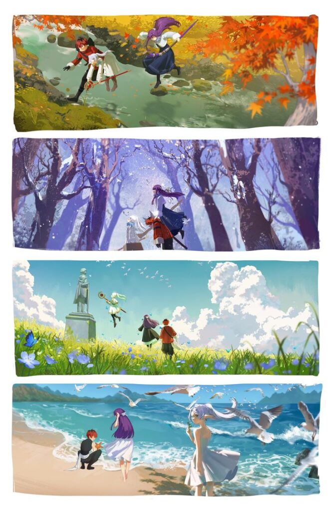 Frieren Beyond Journeys End Art Print 4 Seasons Anime Poster 11x17_ Seasonal Fantasy Wall Art Anime Landscape Print Sou Sou no Frieren Four seasonal anime scenes: fall forest, winter woods, spring meadow, summer beach with characters and vivid landscapes. | Sky Rye Design Four seasonal anime scenes: fall forest, winter woods, spring meadow, summer beach with characters and vivid landscapes.