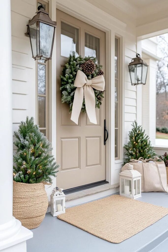 Frosted Pinecone Wreath Neutral Christmas Door Decor Festive front porch with wreath, pine decorations, and lanterns on beige door with serene holiday theme. | Sky Rye Design Festive front porch with wreath, pine decorations, and lanterns on beige door with serene holiday theme.