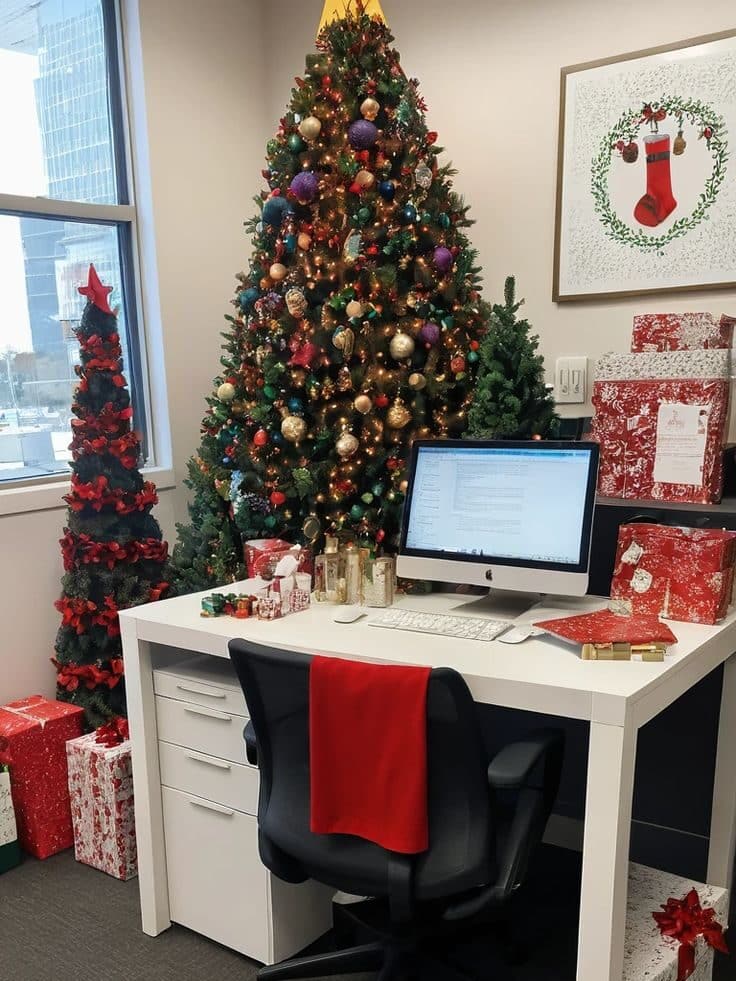 Fun Festive Office Christmas Party Ideas 🎉 Office desk with computer, surrounded by Christmas trees, ornaments, gifts, and festive decorations. | Sky Rye Design Office desk with computer, surrounded by Christmas trees, ornaments, gifts, and festive decorations.