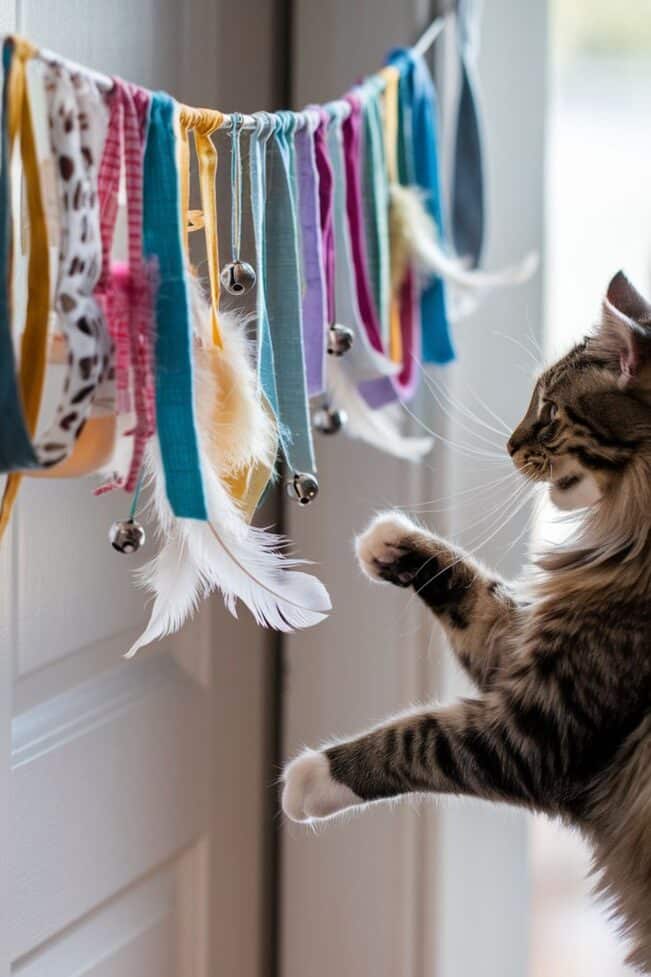Fun Free DIY Cat Toys from Household Items Try Today Cat playing with a colorful homemade toy made of ribbons, feathers, and bells hanging from a door handle. | Sky Rye Design Cat playing with a colorful homemade toy made of ribbons, feathers, and bells hanging from a door handle.