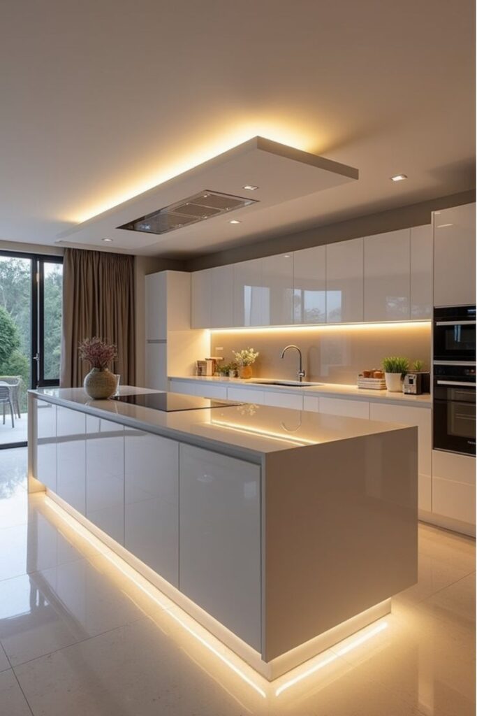 Modern kitchen with sleek white cabinets and ambient lighting, featuring a large central island under ceiling lights.