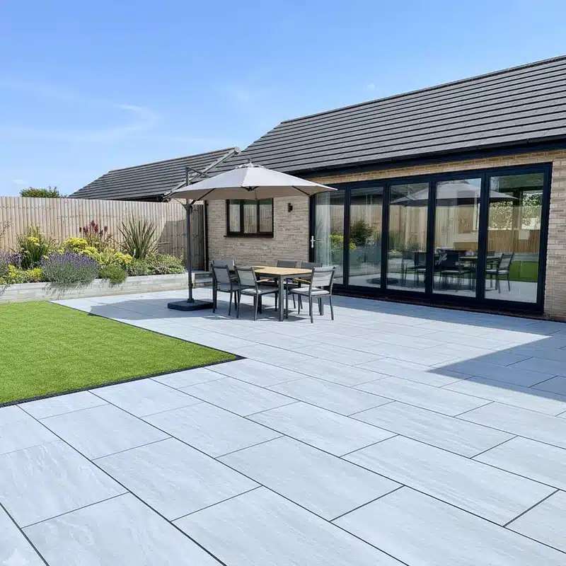 Modern patio with gray tiles, outdoor table, chairs, and umbrella in a sunny backyard with sliding glass doors.
