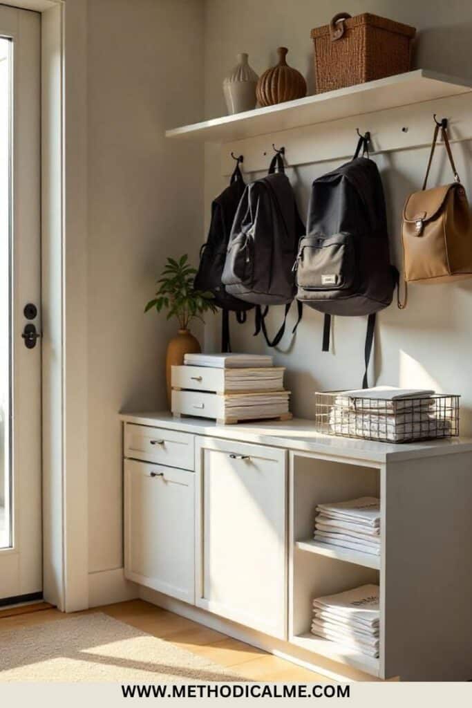 Modern mudroom with hanging backpacks, storage baskets, and neatly organized shelves, showcasing home organization.