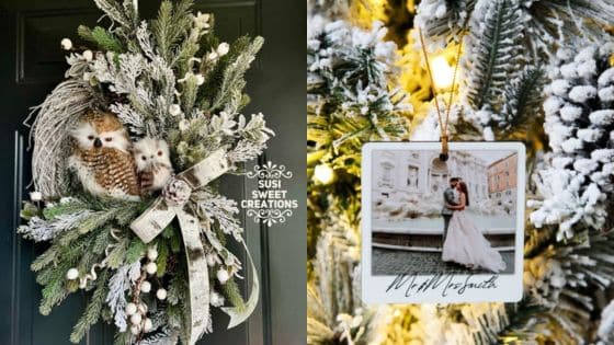 Get Crafty Super Fun Winter Craft Ideas to Brighten Cold Days Festive holiday wreath and personalized ornament on snowy tree, ideal for Christmas decorations and gift inspiration. | Sky Rye Design Festive holiday wreath and personalized ornament on snowy tree, ideal for Christmas decorations and gift inspiration.