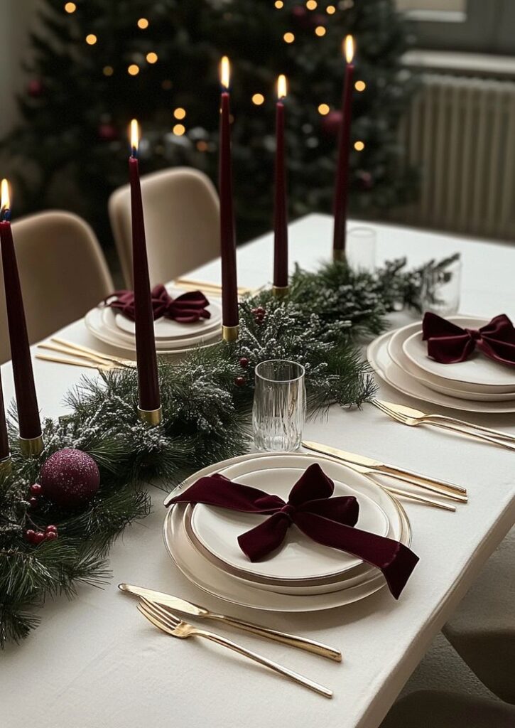 Elegant holiday table setting with burgundy candles, greenery, and plates adorned with burgundy bows.