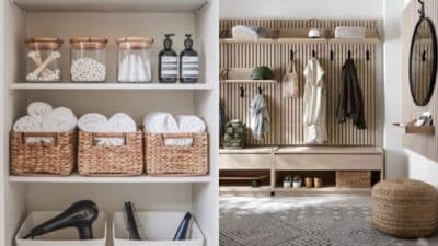 Modern and organized storage space with woven baskets, towels, and hooks for coats and accessories in neutral tones.