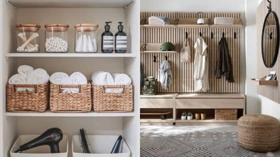 Get Organized Casual Home Organization Tips Love Modern and organized storage space with woven baskets, towels, and hooks for coats and accessories in neutral tones. | Sky Rye Design Modern and organized storage space with woven baskets, towels, and hooks for coats and accessories in neutral tones.