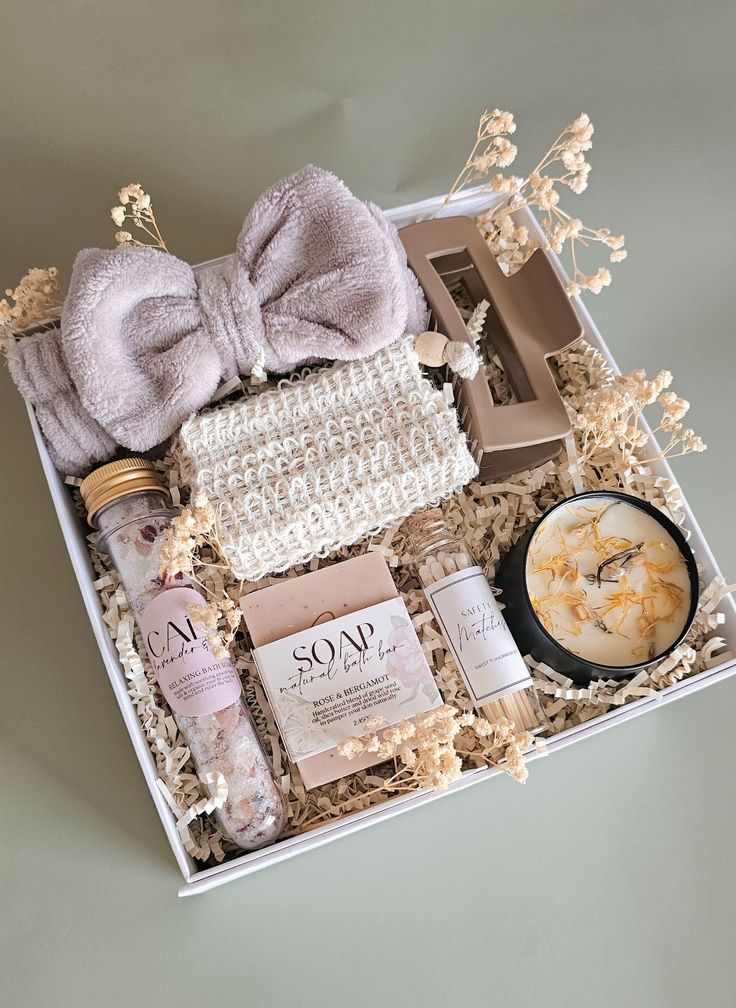 Get Well Soon Gift for Her Natural Spa Kit Organic Bath Box Vegan Self Care Package Relaxation Set Uplifting Present for Women Pick Me Up Luxury spa gift box with soap, candle, bath salts, and hair accessories, perfect for relaxation and pampering. | Sky Rye Design Luxury spa gift box with soap, candle, bath salts, and hair accessories, perfect for relaxation and pampering.