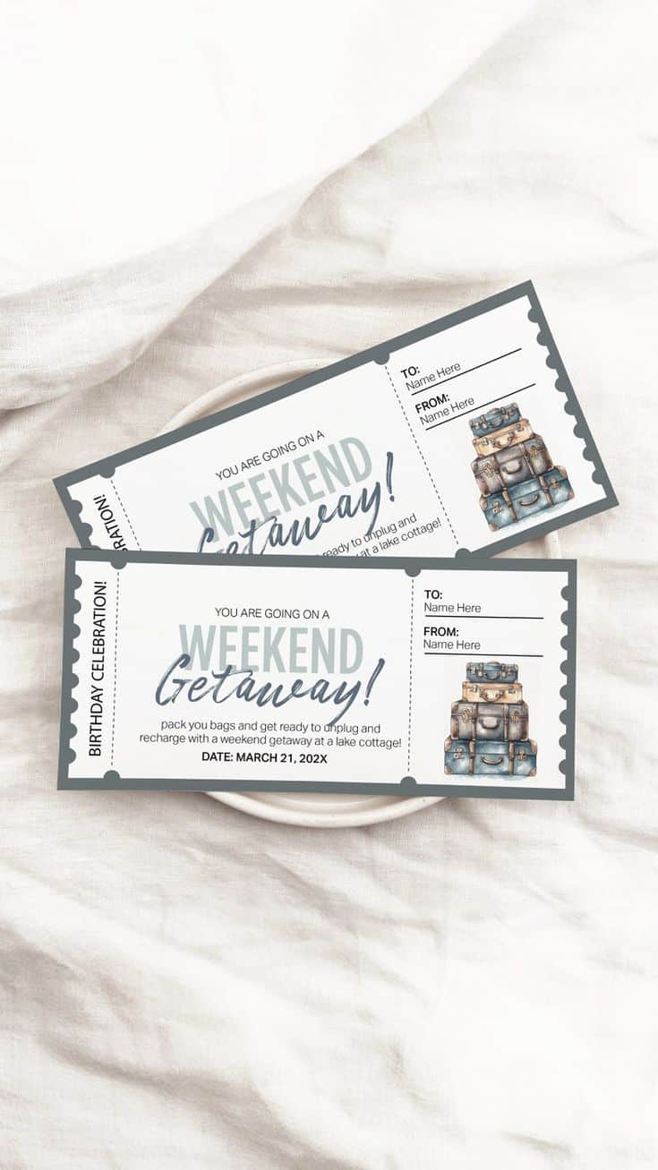 Weekend getaway invitation with luggage illustration on white fabric background. Perfect for birthday celebration trips.