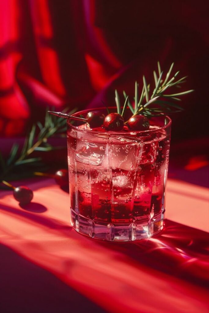 Festive cranberry cocktail with rosemary garnish in a glass, set against a vibrant red background.